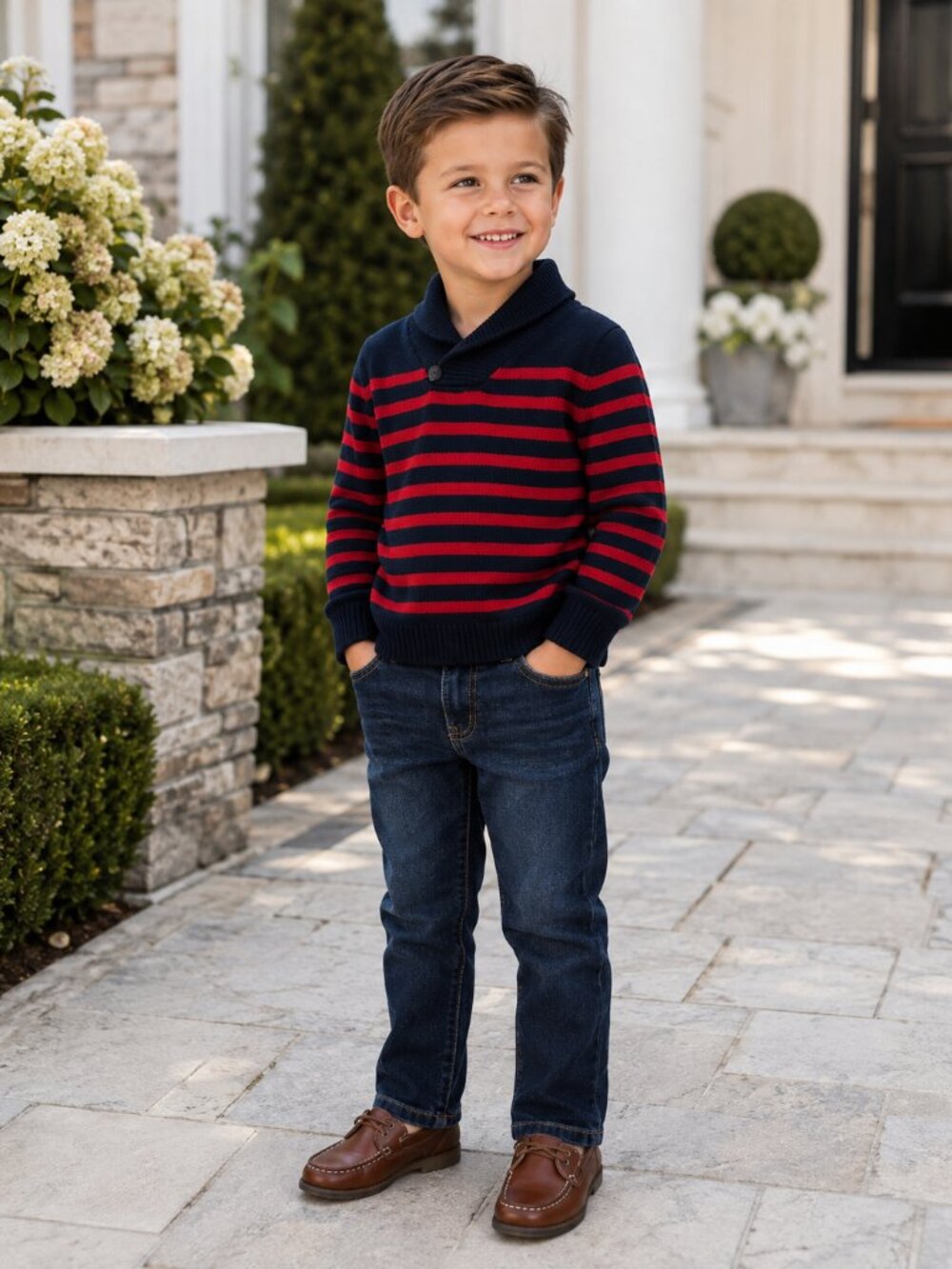 NWT OshKosh B’gosh Boys Outfit Set Size 5T Navy Red Sweater Slim Stretch Jeans